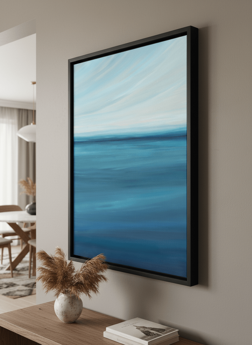 Wall art styled above a dining table in a contemporary home