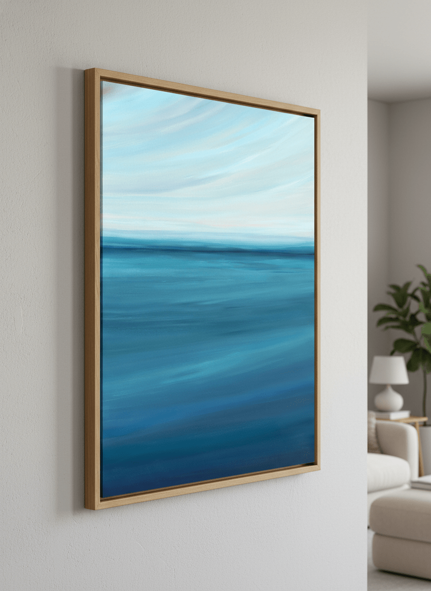 Modern wall art styled above a sofa in a neutral living room