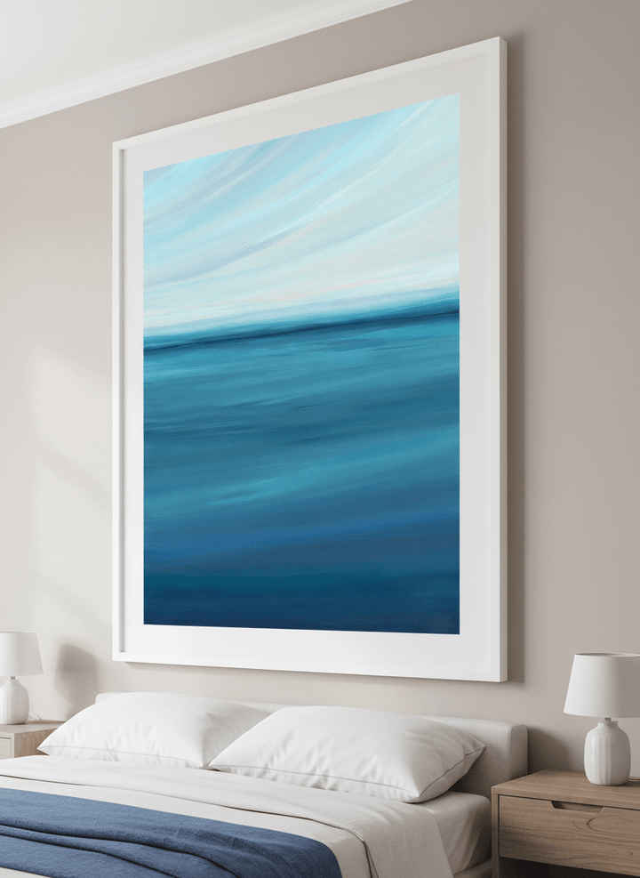 Minimalist artwork displayed in a calm, light-filled bedroom interior