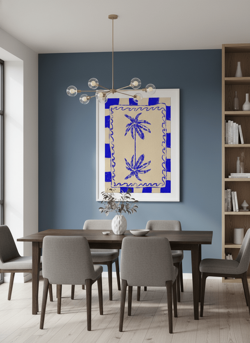 Wall art styled above a dining table in a contemporary home