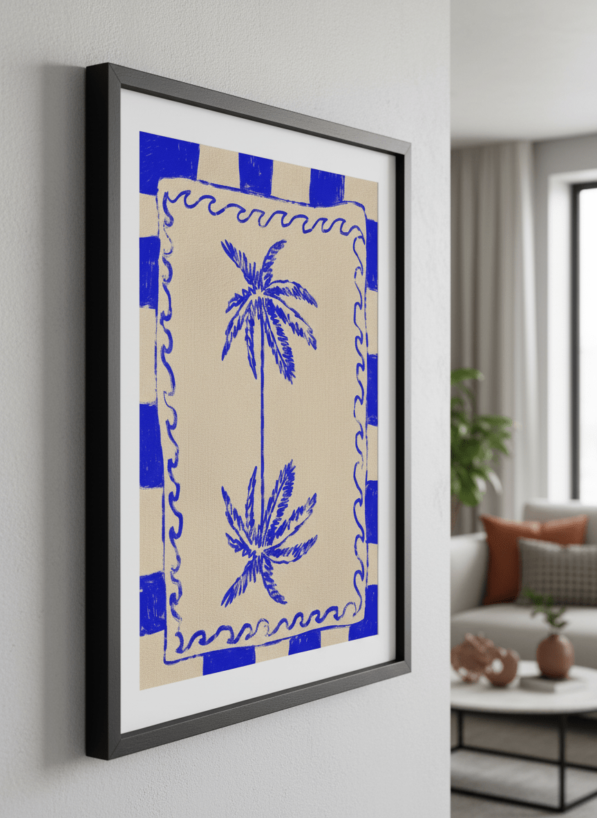 Modern wall art styled above a sofa in a neutral living room