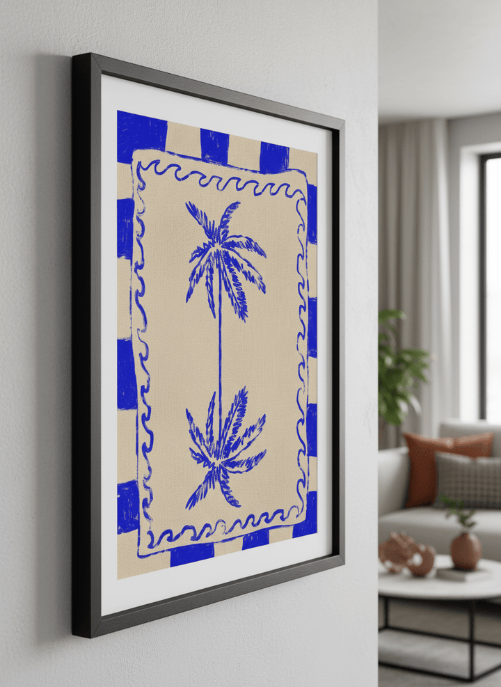 Modern wall art styled above a sofa in a neutral living room