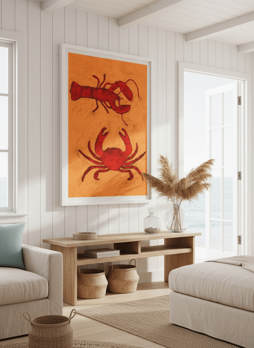 Neutral wall art displayed in a sunny coastal beach house