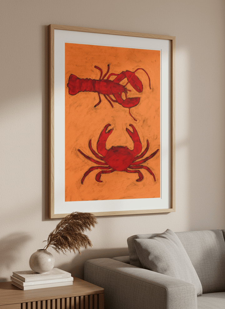 Modern wall art styled above a sofa in a neutral living room