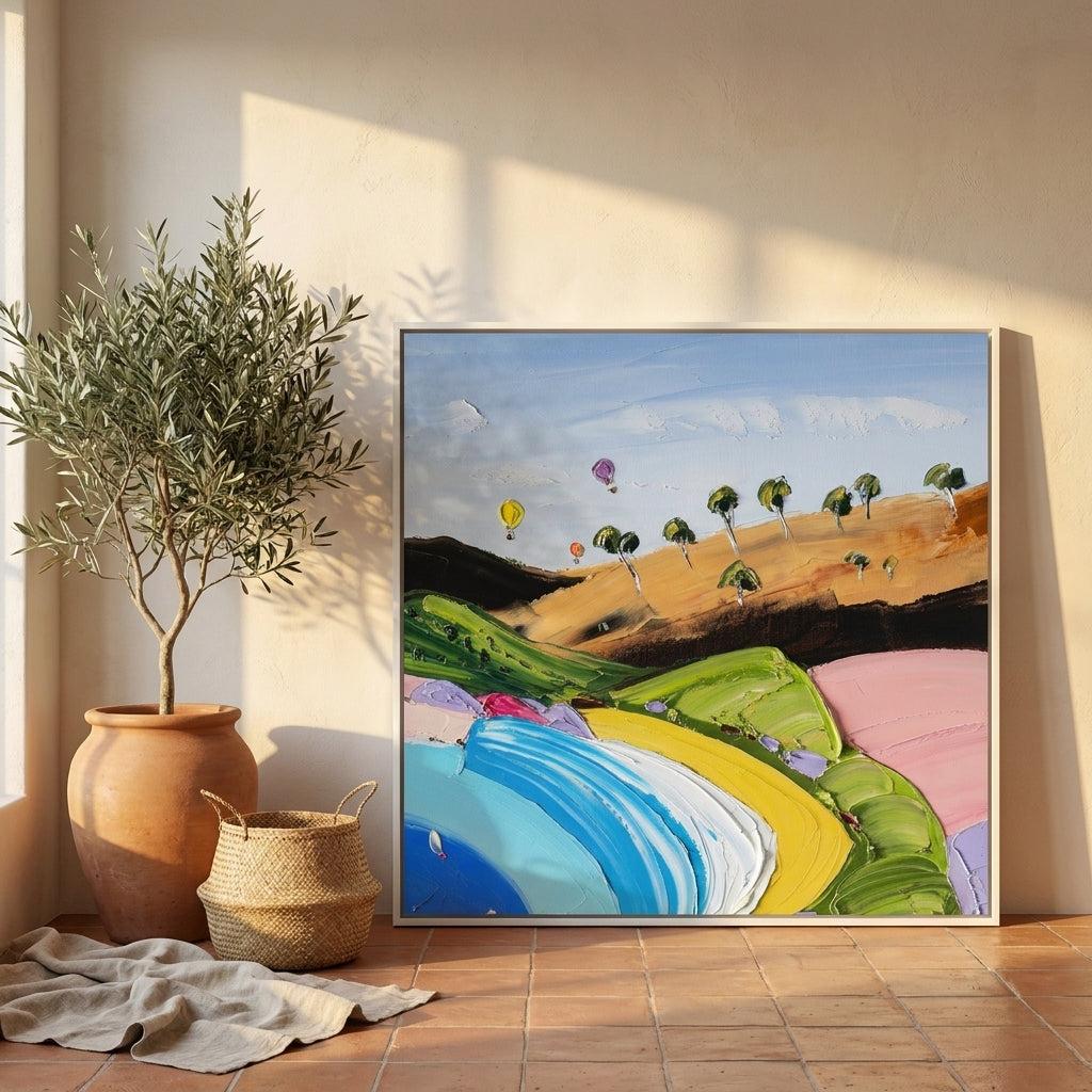 Canvas wall art with a white surround leaning against the wall in a Mediterranean bedroom