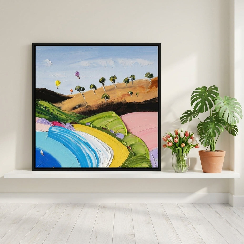 Canvas wall art with a black surround standing on a shelf in a bright Scandinavian home office