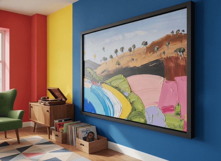 Bold wall art styled in a colourful, eclectic modern home