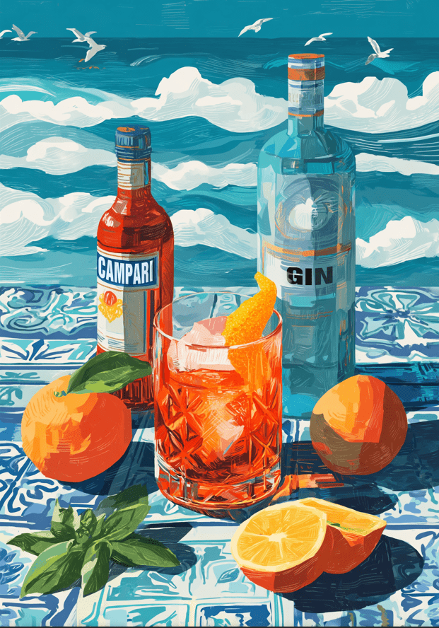 Coastal Negroni Oil Painting Illustration,frame