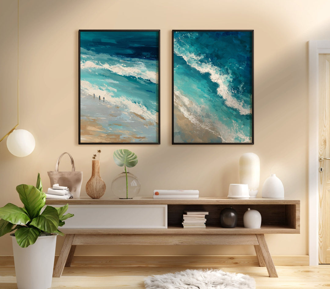 Coastal Rush Oil Illustration Abstract Set of 2 wall - art - picture - poster