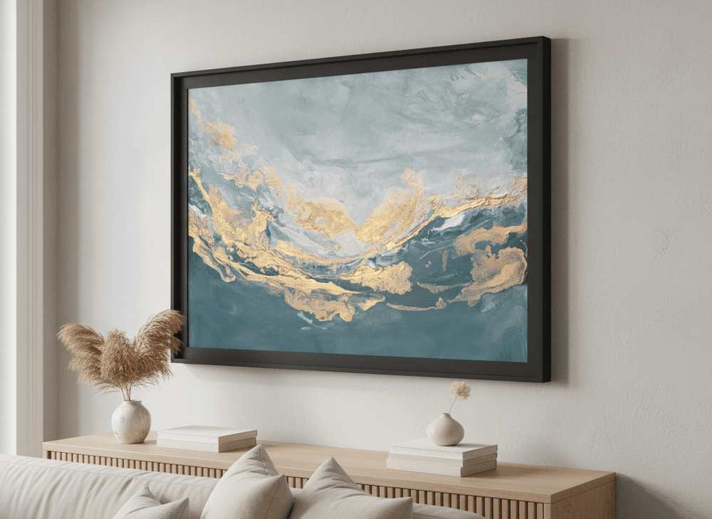 Modern wall art styled above a sofa in a neutral living room