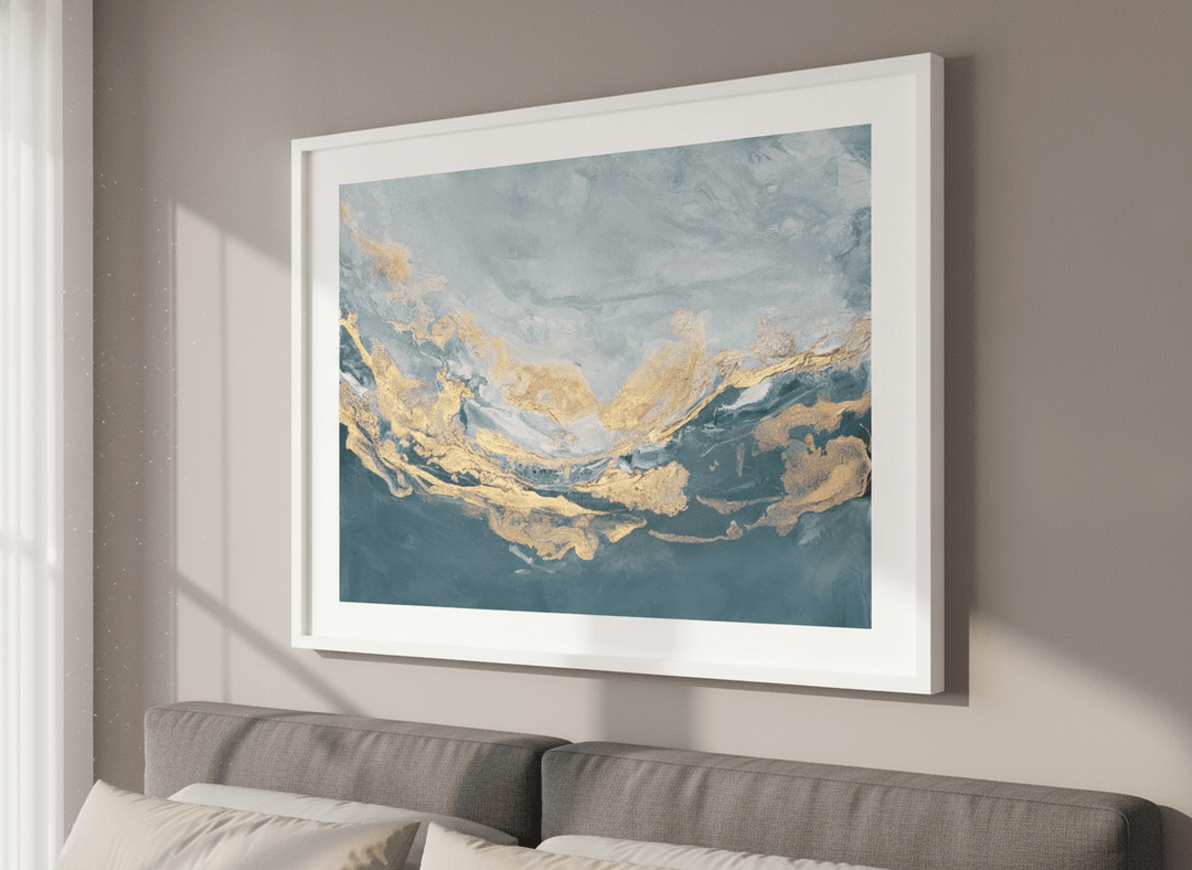 Minimalist artwork displayed in a calm, light-filled bedroom interior