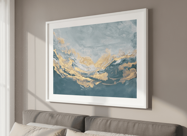 Minimalist artwork displayed in a calm, light-filled bedroom interior