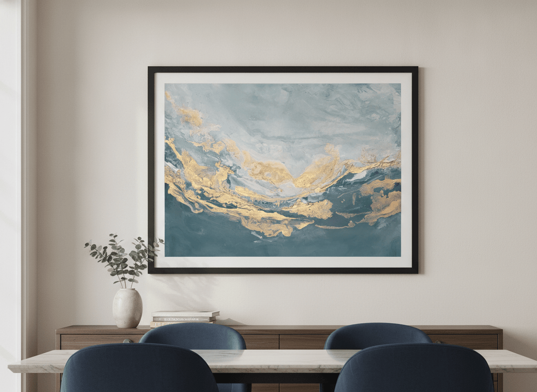 Wall art styled above a dining table in a contemporary home