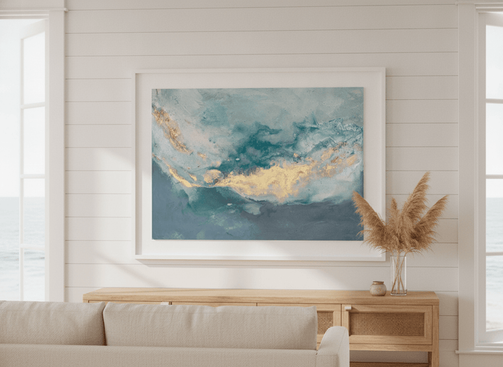 Neutral wall art displayed in a sunny coastal beach house