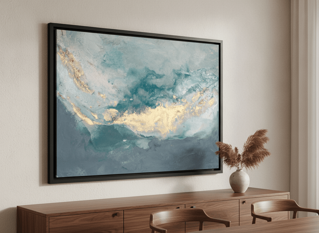 Wall art styled above a dining table in a contemporary home