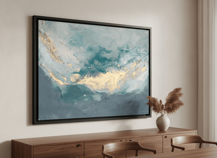 Wall art styled above a dining table in a contemporary home