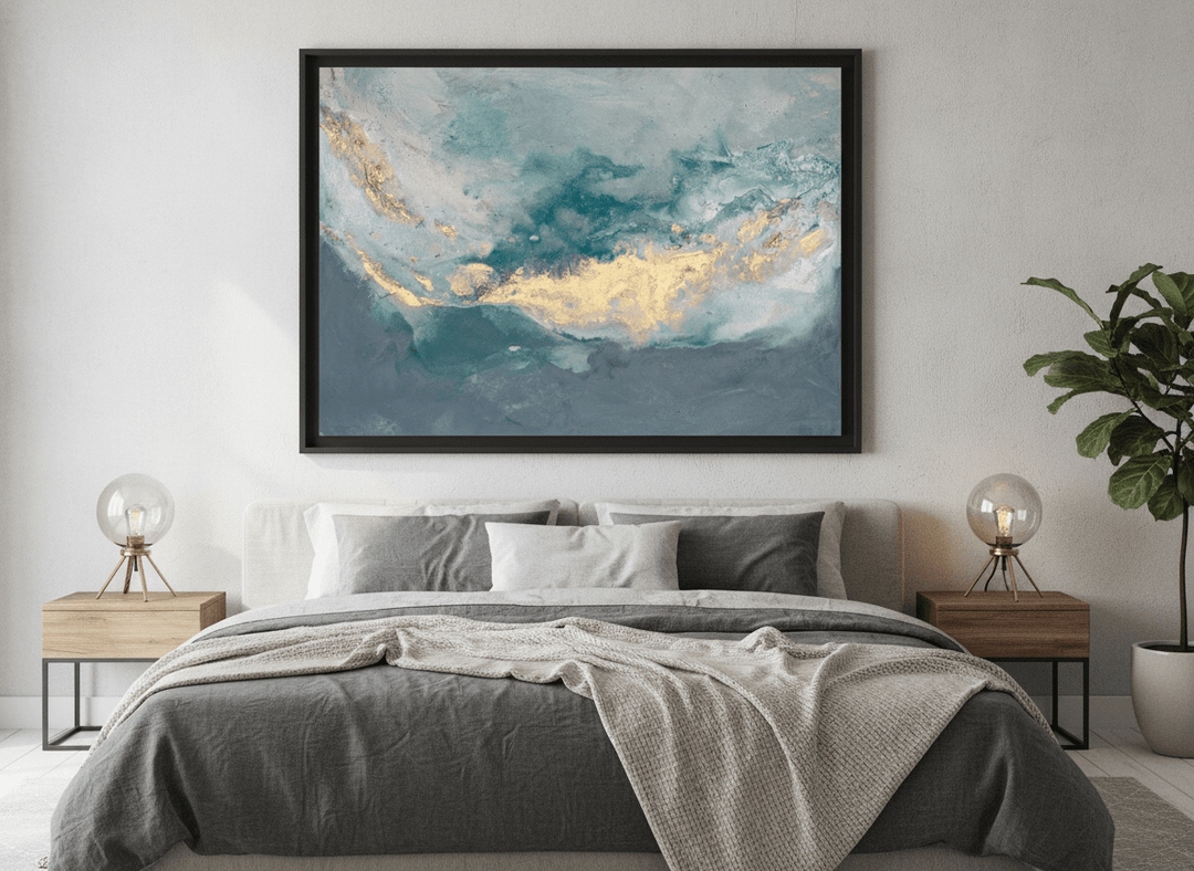 Minimalist artwork displayed in a calm, light-filled bedroom interior