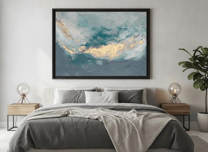 Minimalist artwork displayed in a calm, light-filled bedroom interior