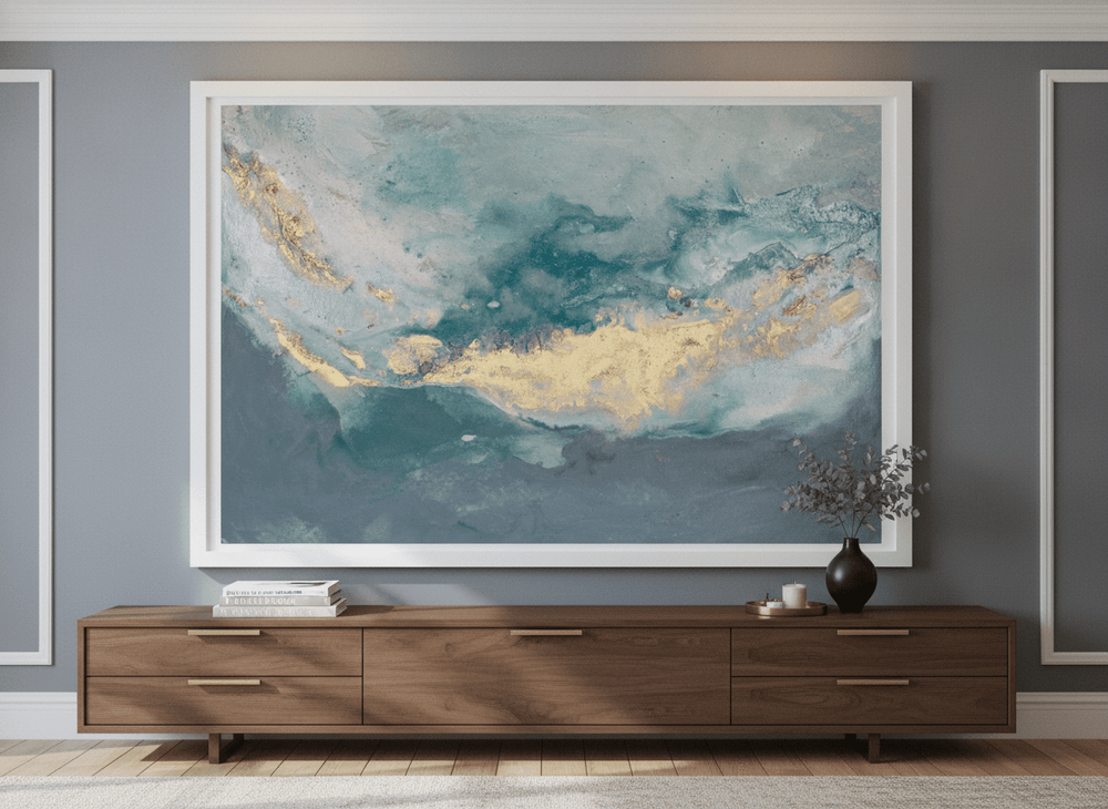 Monumental artwork centred on a feature wall in a luxe interior