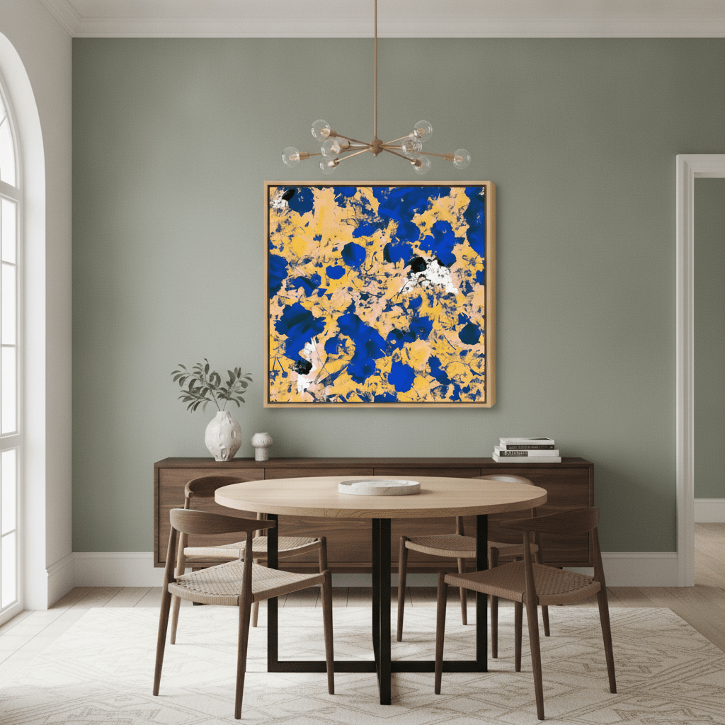 Oversized statement canvas wall art with a natural timber surround styled in a contemporary dining room
