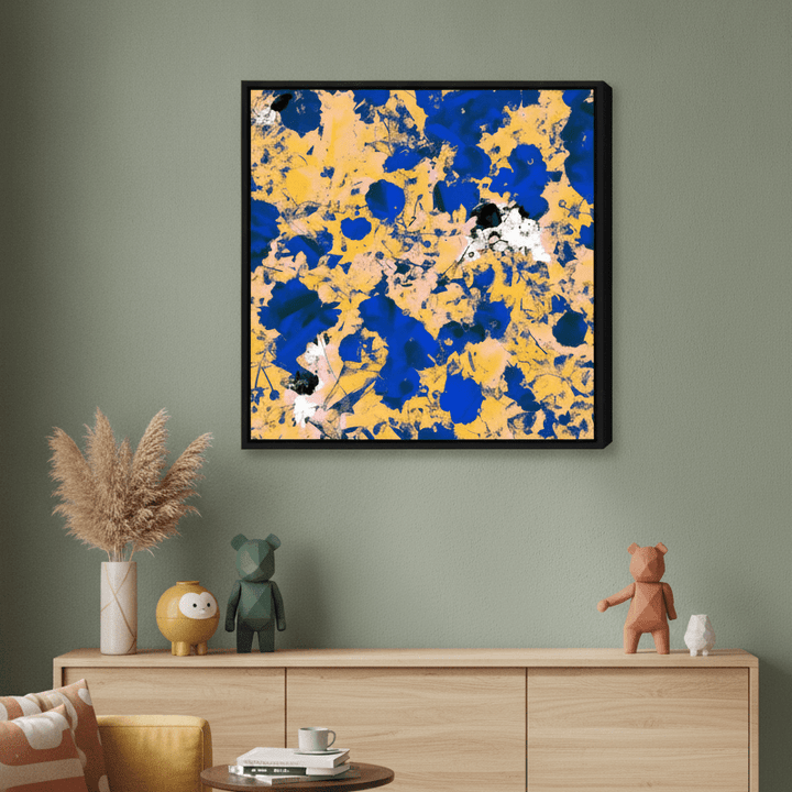 Canvas wall art with a black surround styled in a colourful, eclectic modern home