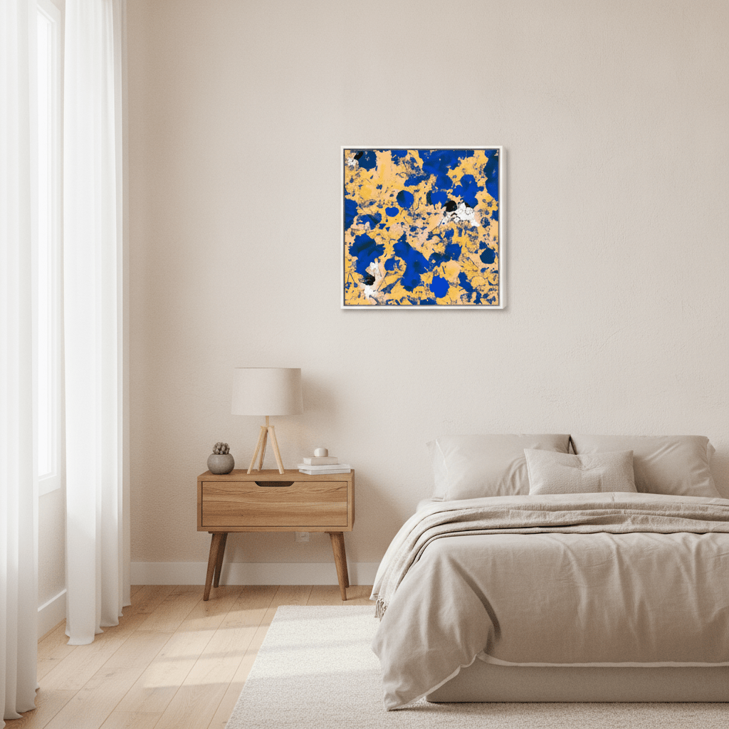 Canvas wall art with a white surround styled in a calm, light-filled bedroom