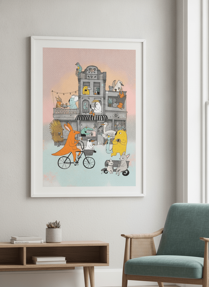 Modern wall art styled above a sofa in a neutral living room