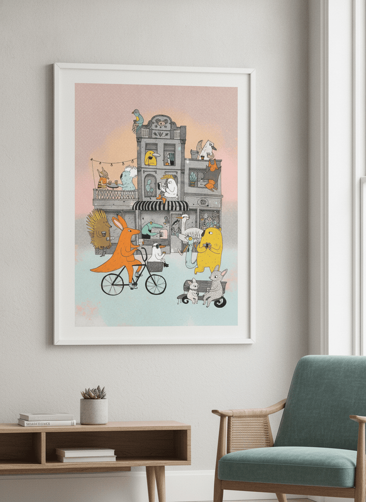 Modern wall art styled above a sofa in a neutral living room
