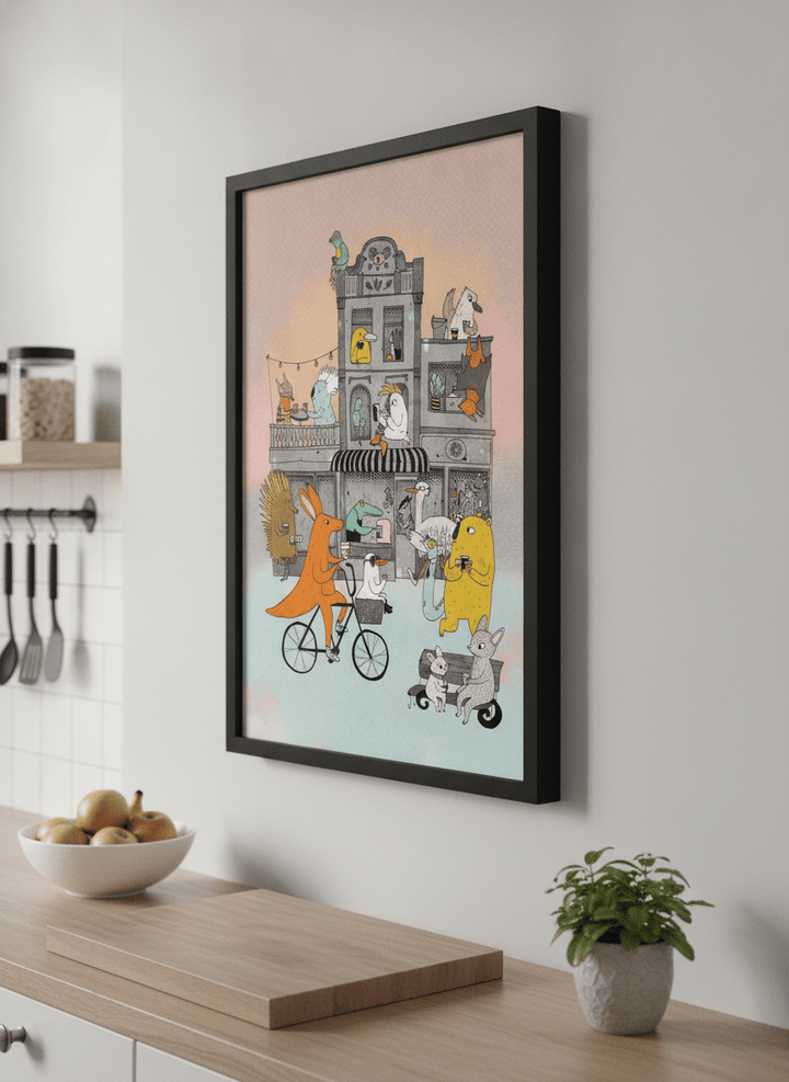 Artwork styled on the wall of a bright modern kitchen