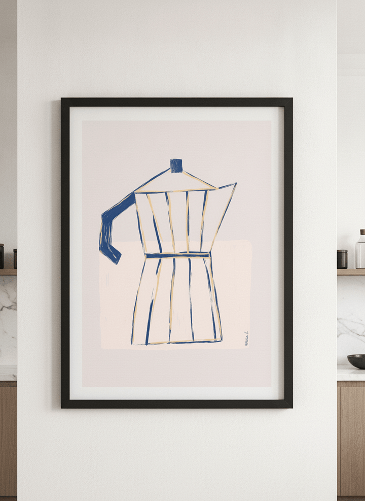 Artwork styled on the wall of a bright modern kitchen