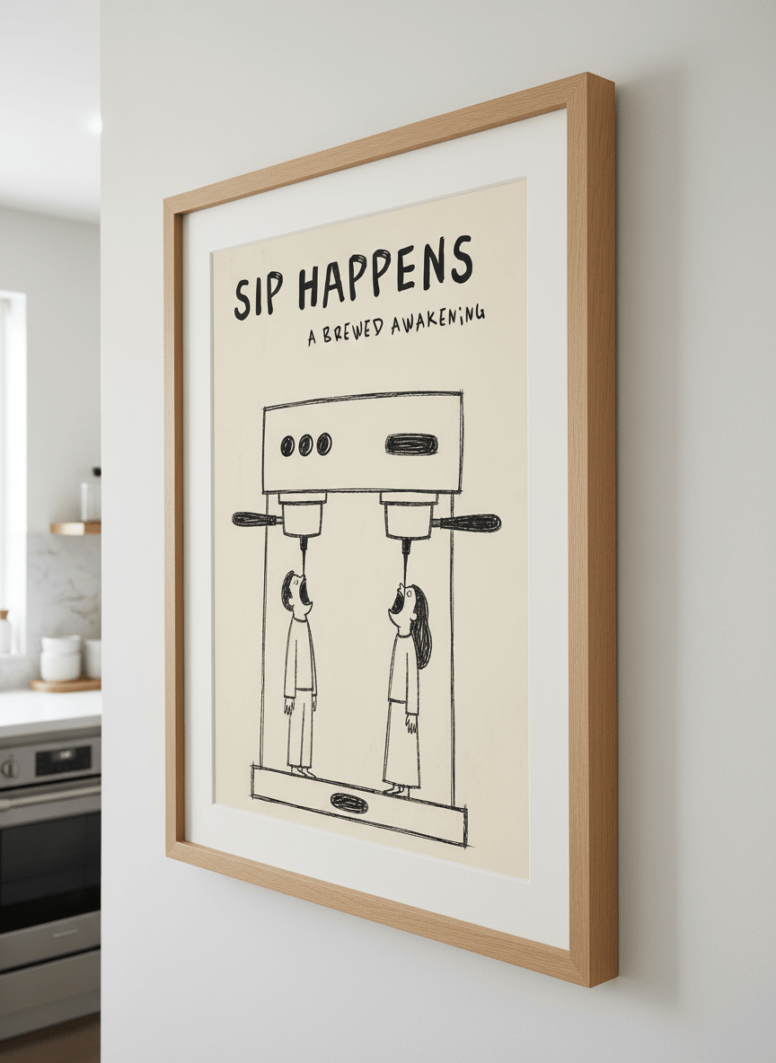 Artwork styled on the wall of a bright modern kitchen