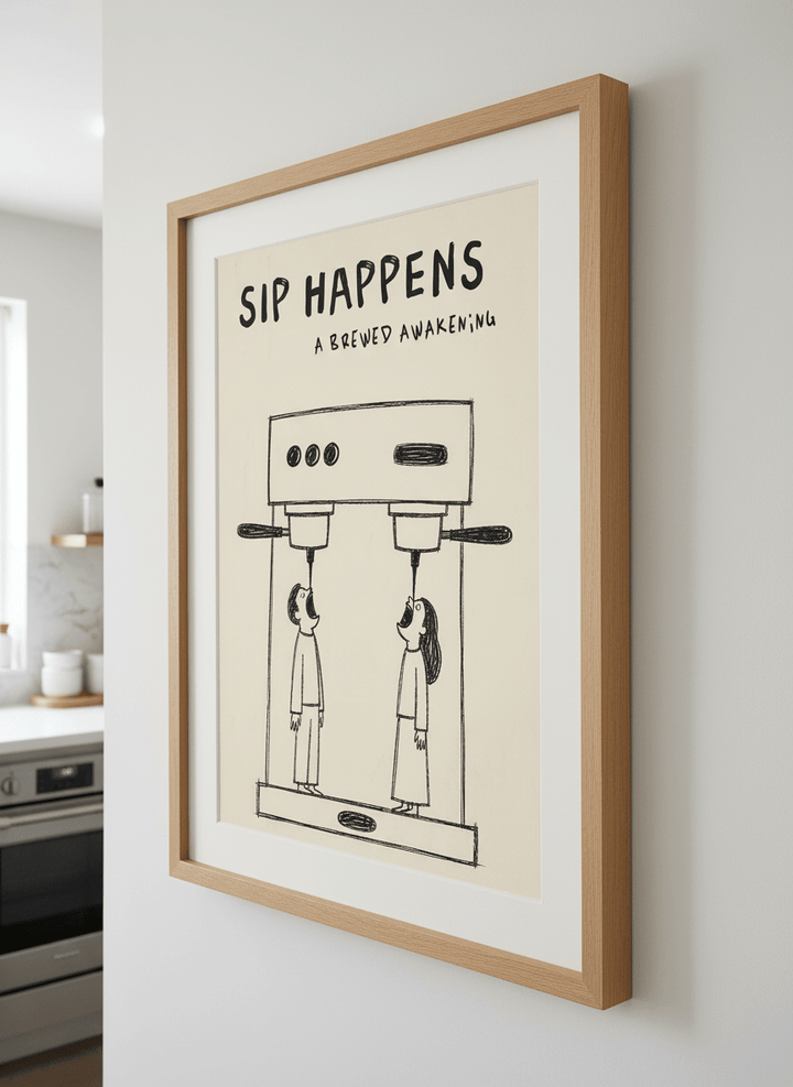 Artwork styled on the wall of a bright modern kitchen