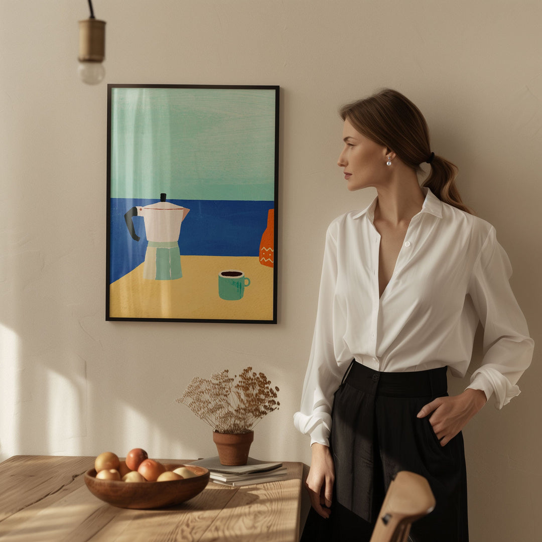 Girl standing beside a wooden table with artwork hanging on wall