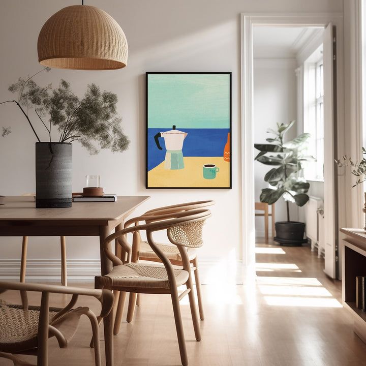 wooden dining table with rattan chairs and rattan lamp hanging over the table