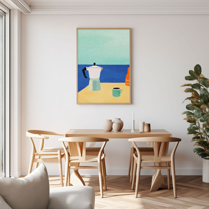 wooden dining table and chair with coffee artwork hanging on wall