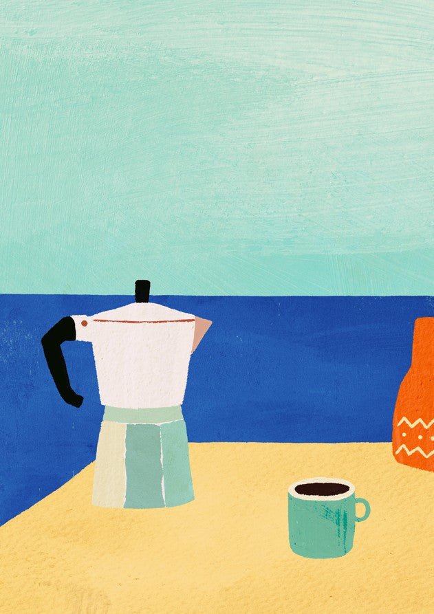 french press with cup of coffee and beach view, framed