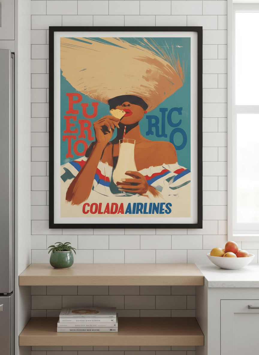 Artwork styled on the wall of a bright modern kitchen