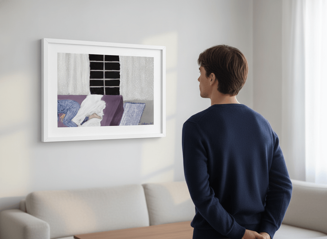 Person showcasing the artwork against a clean modern interior wall