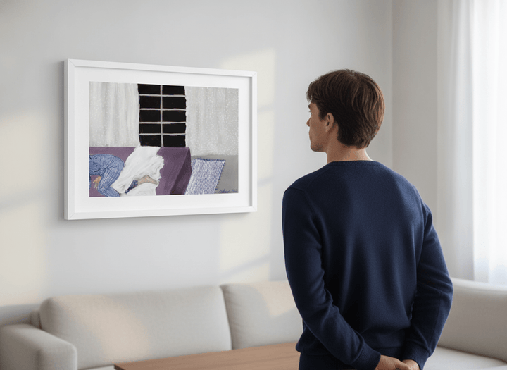Person showcasing the artwork against a clean modern interior wall
