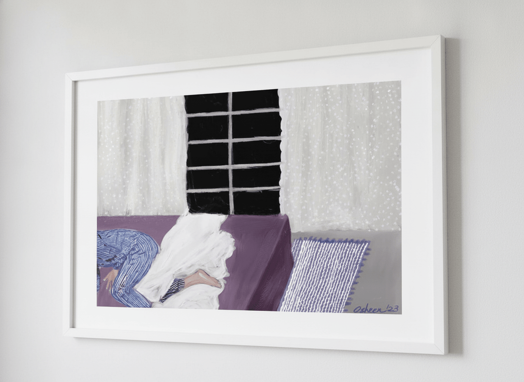 Minimalist artwork displayed in a calm, light-filled bedroom interior