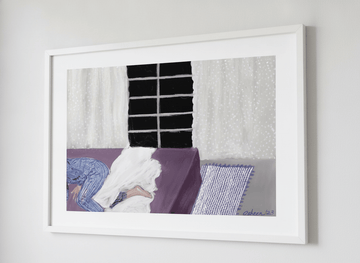 Minimalist artwork displayed in a calm, light-filled bedroom interior