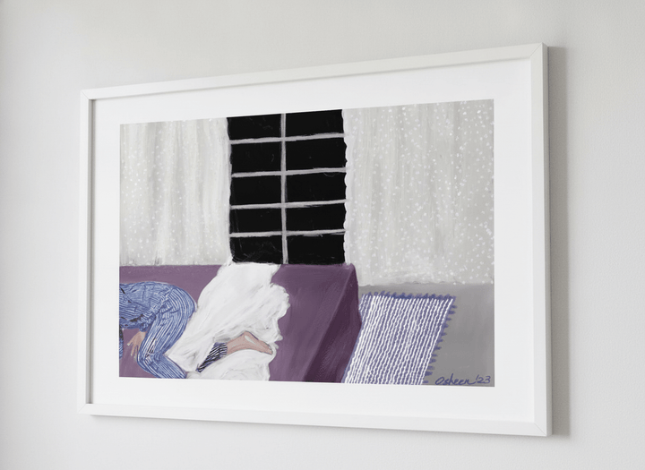 Minimalist artwork displayed in a calm, light-filled bedroom interior