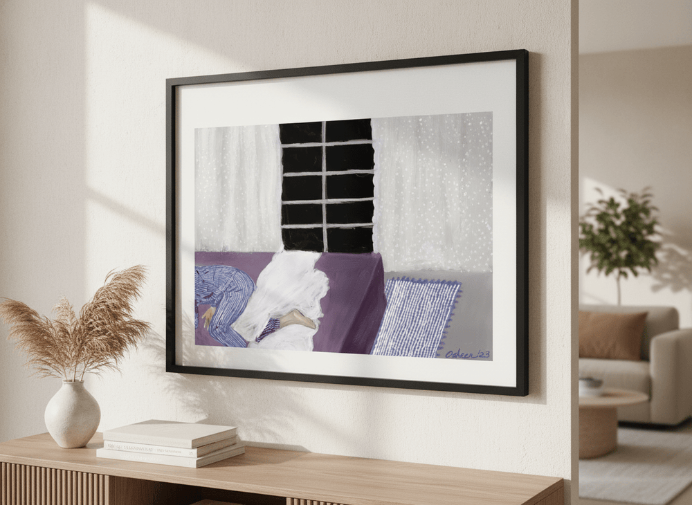 Modern wall art styled above a sofa in a neutral living room