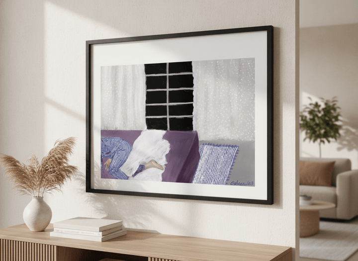 Modern wall art styled above a sofa in a neutral living room