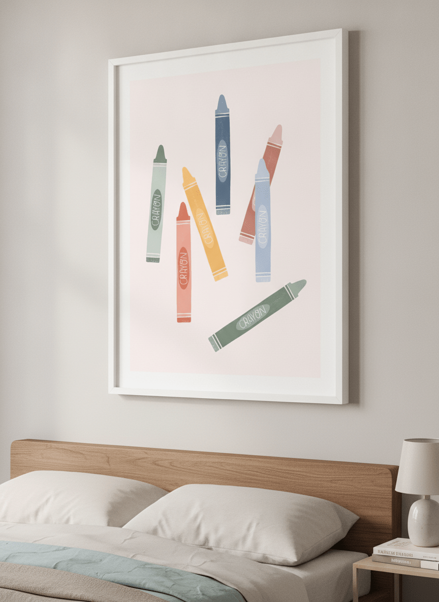 Minimalist artwork displayed in a calm, light-filled bedroom interior