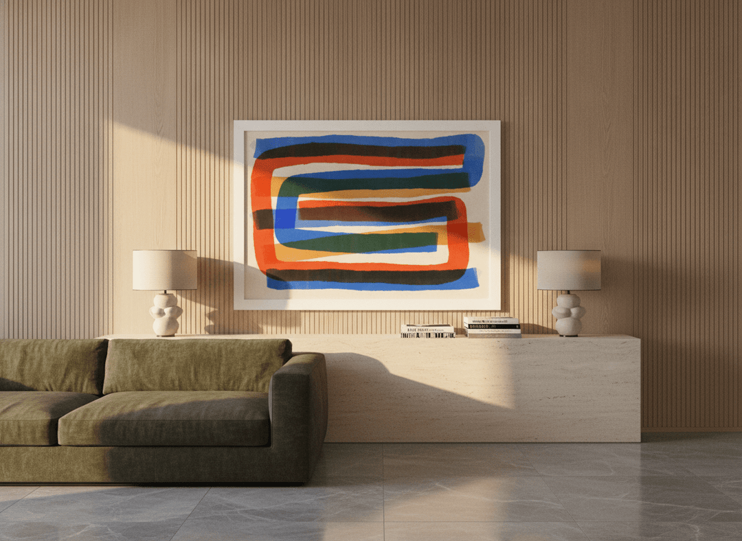 Oversized statement modern wall art print styled on the wall in a luxe living room