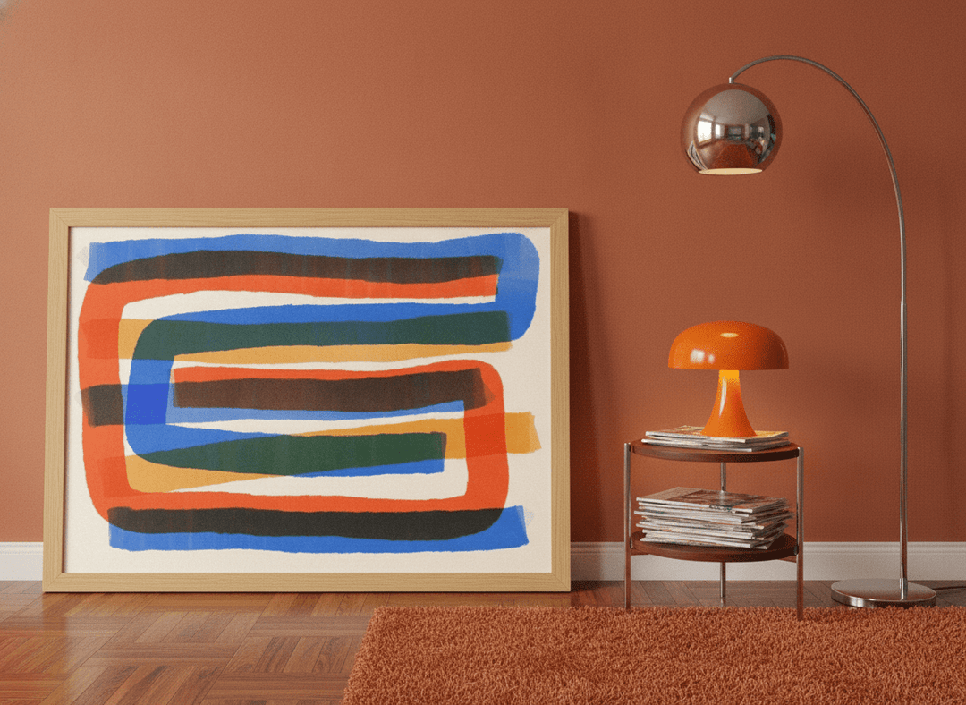Modern wall art print leaning against the wall in a retro 70s dining room