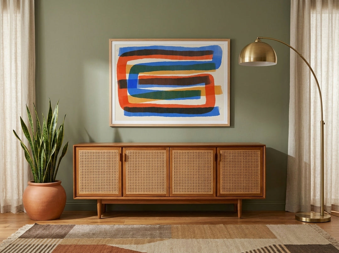 Modern wall art print styled on the wall in a mid-century living room