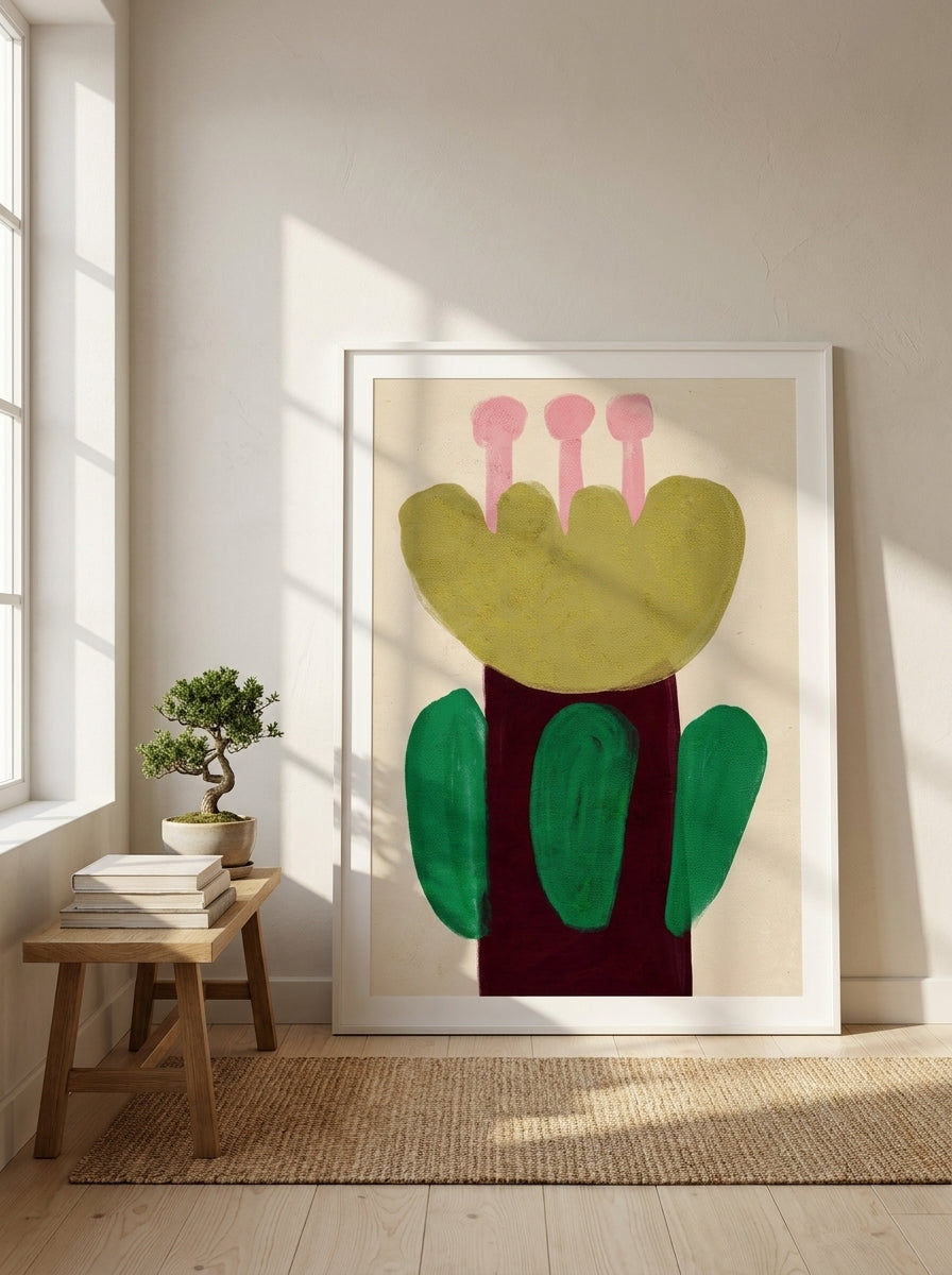 Oversized statement modern wall art print leaning against the wall in a warm Japandi dining room