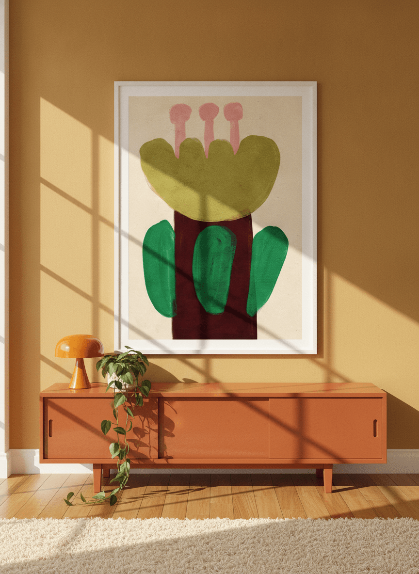 Oversized statement modern wall art print styled on the wall in a retro 70s living room